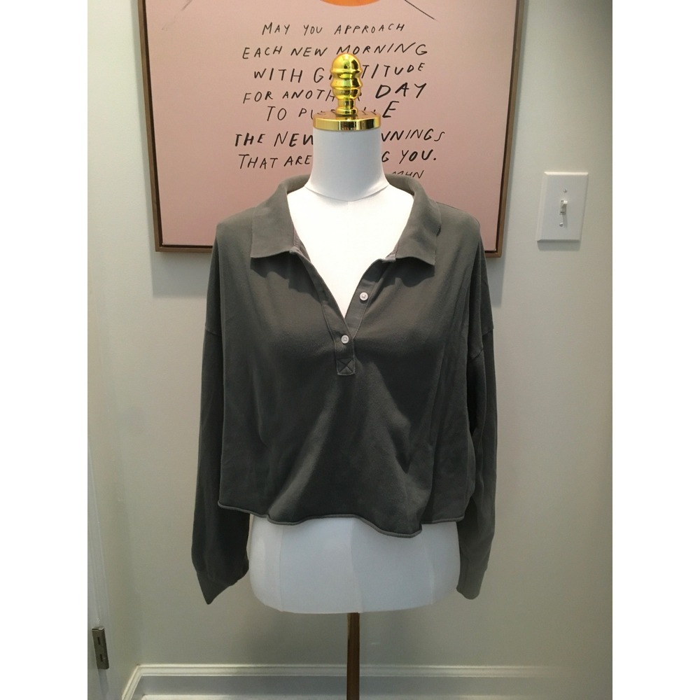 OFFLINE by Aerie Womens Large Olive Green Cropped Long Sleeve Polo Sweatshirt
